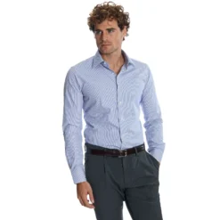 CAMICIA CLASSICA A RIGHE BIANCO E BLU SLIM In cotone popeline
