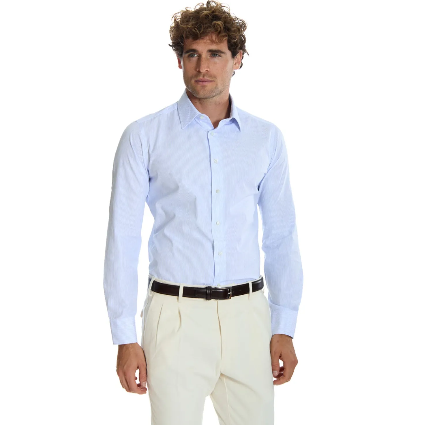 CAMICIA CLASSICA A RIGHE BIANCO E AZZURRO SLIM In cotone popeline