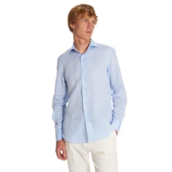 CAMICIA IN LINO AZZURRA Con bottoni in madreperla