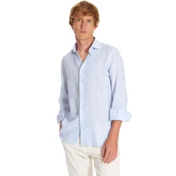CAMICIA IN LINO BIANCA E AZZURRA Rigata