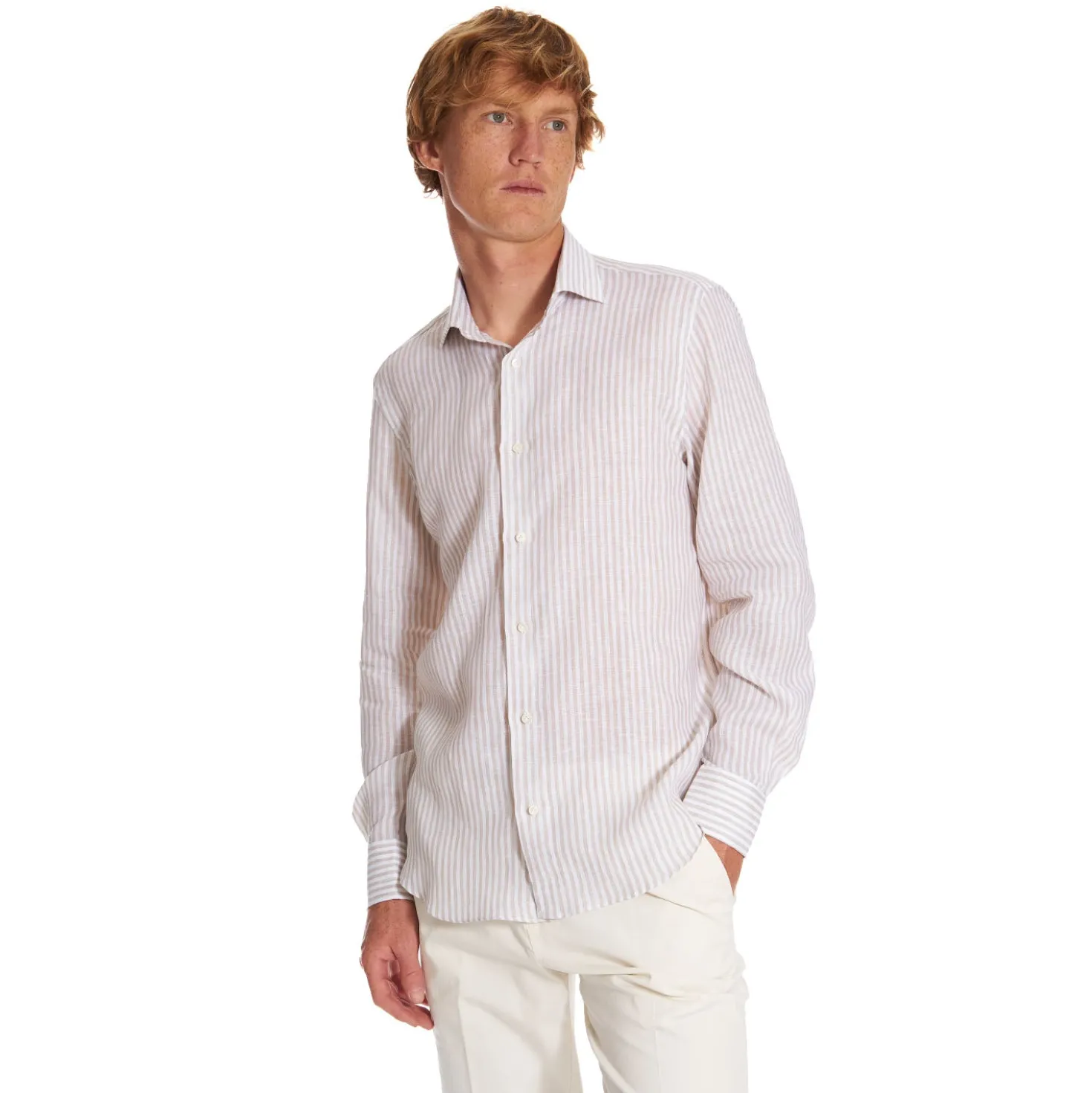 CAMICIA IN LINO BIANCA E BEIGE Rigata