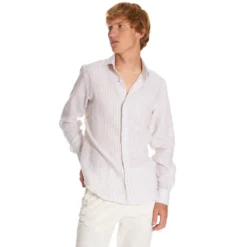 CAMICIA IN LINO BIANCA E BEIGE Rigata