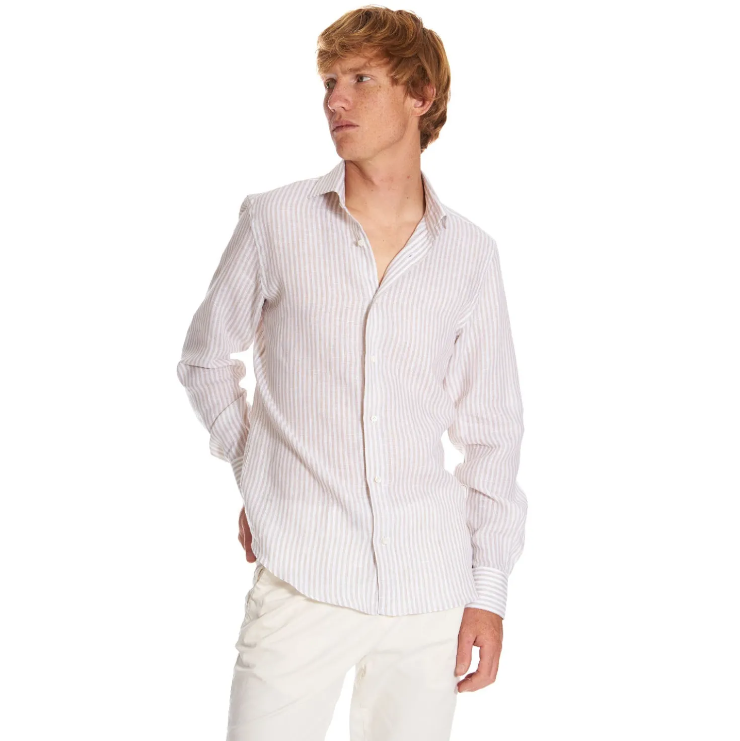 CAMICIA IN LINO BIANCA E BEIGE Rigata