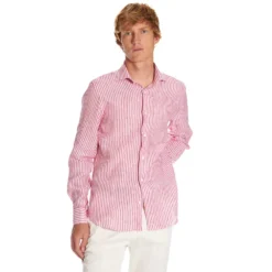 CAMICIA IN LINO BIANCA E BORDEAUX Rigata