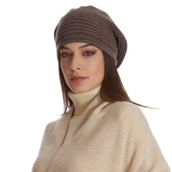 CAPPELLO BASCO A RIGHE MARRONE SCURO In cashmere