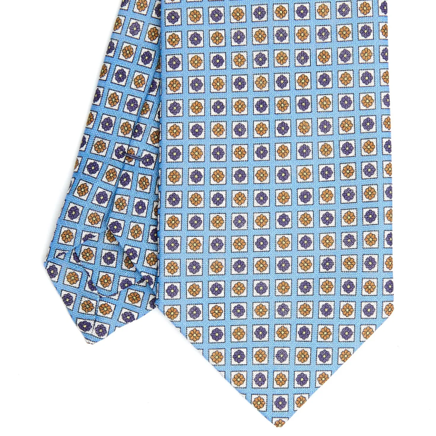 CRAVATTA SARTORIALE IN LINO AZZURRA Microfantasia fiore