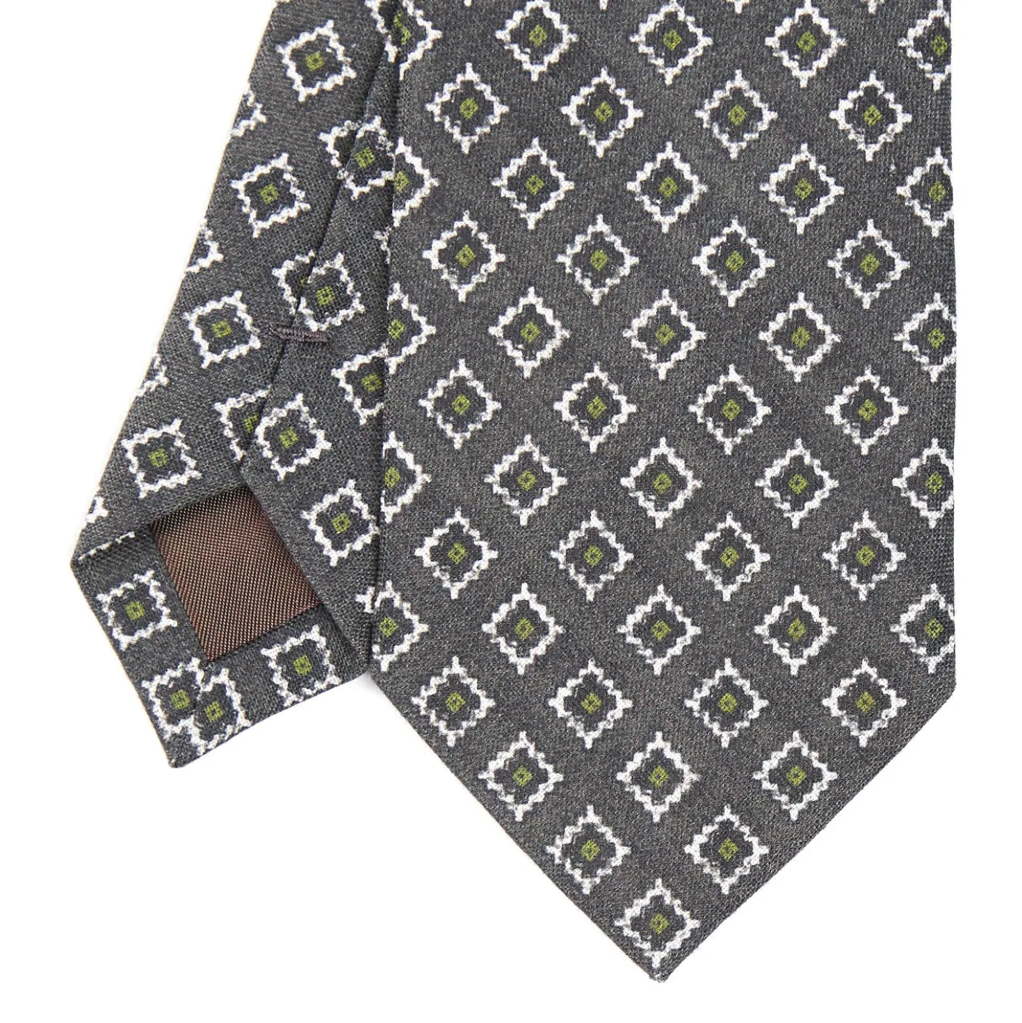 CRAVATTA SARTORIALE IN LINO GRIGIO SCURO Macrofantasia geometrica