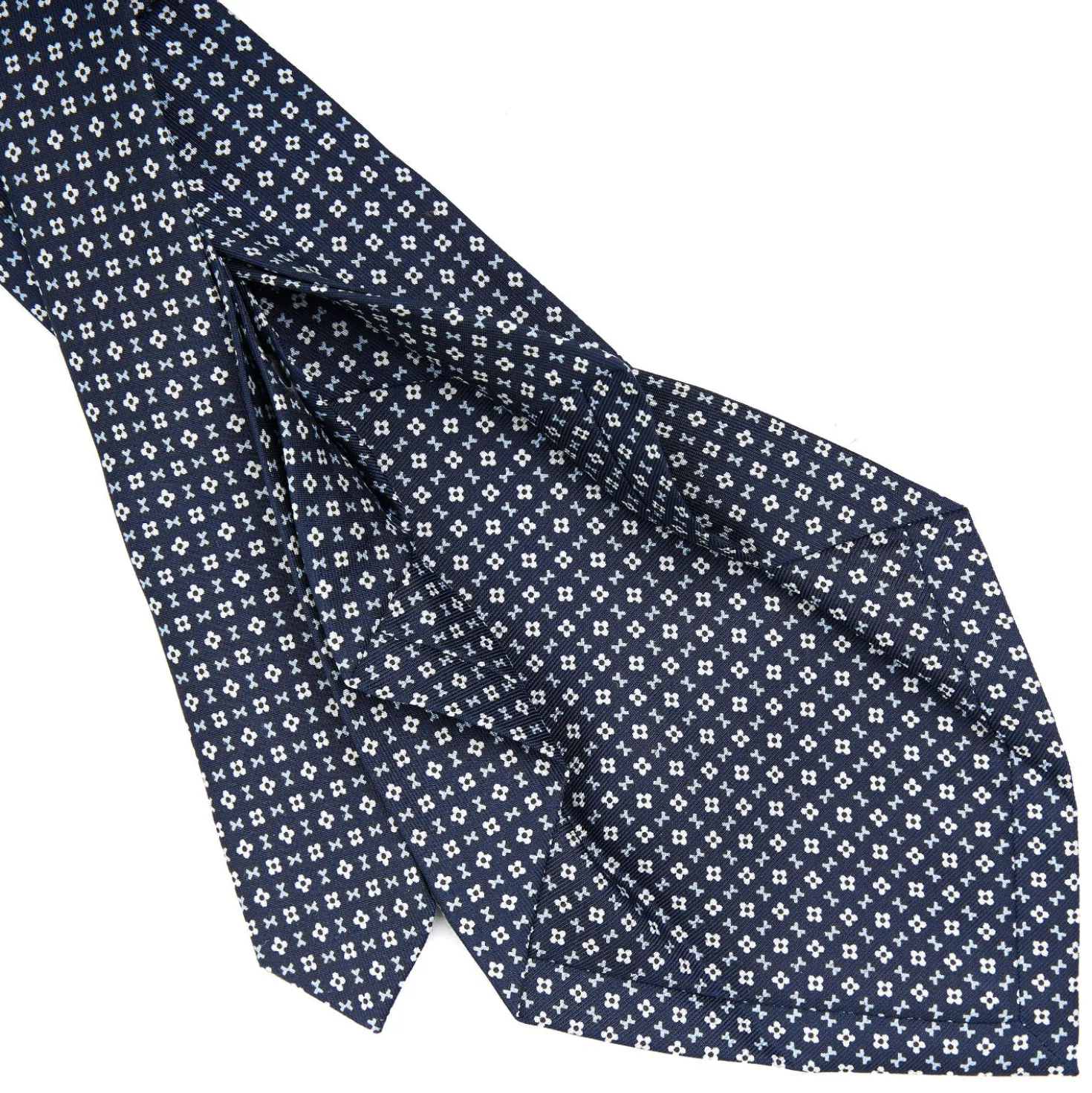 CRAVATTA SARTORIALE 7 PIEGHE IN SETA BLU SCURO Microfantasia fiore