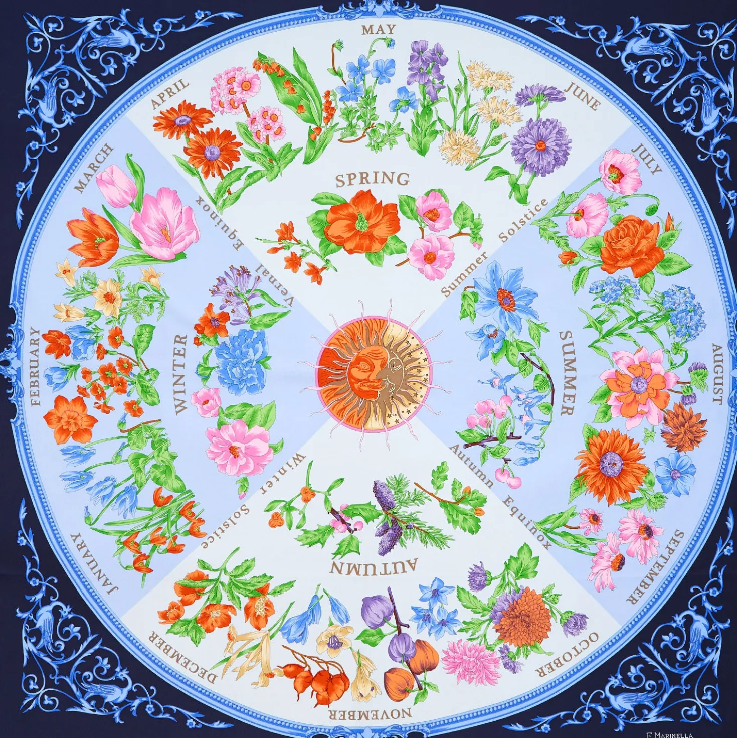 FOULARD IN SETA 90 AZZURRO La ruota delle stagioni