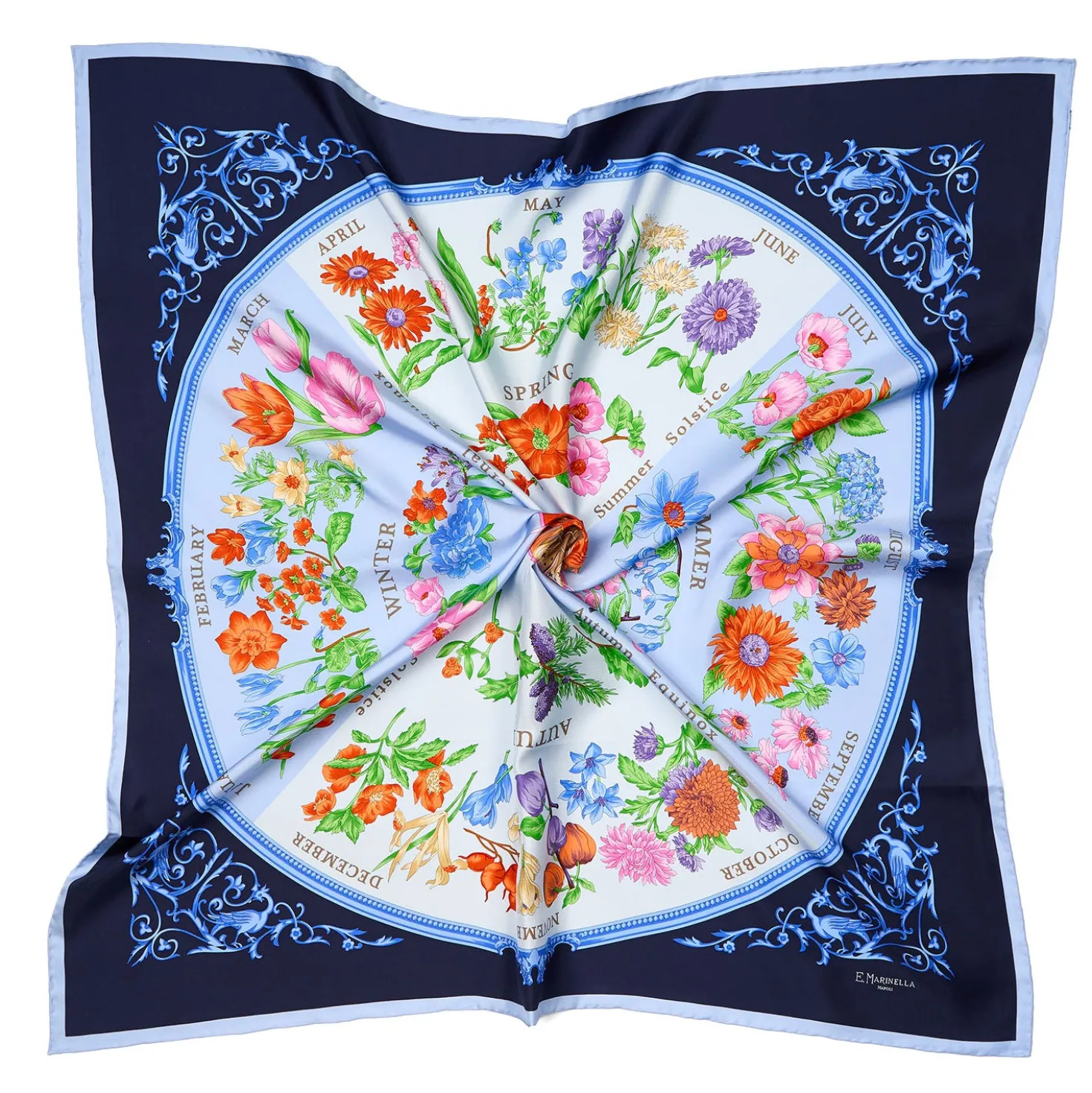 FOULARD IN SETA 90 AZZURRO La ruota delle stagioni