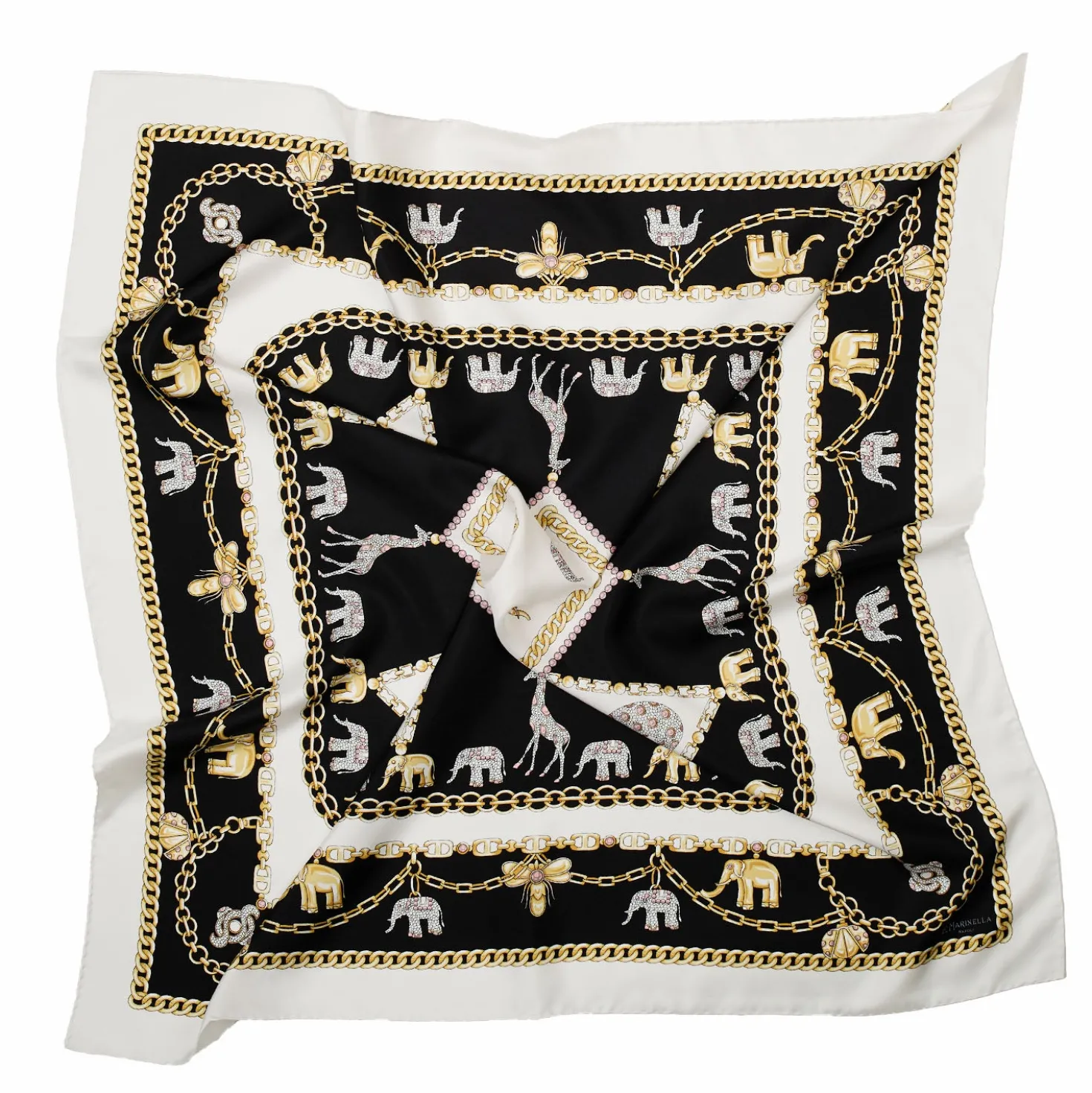 FOULARD IN SETA 90 BIANCO Elefanti portafortuna