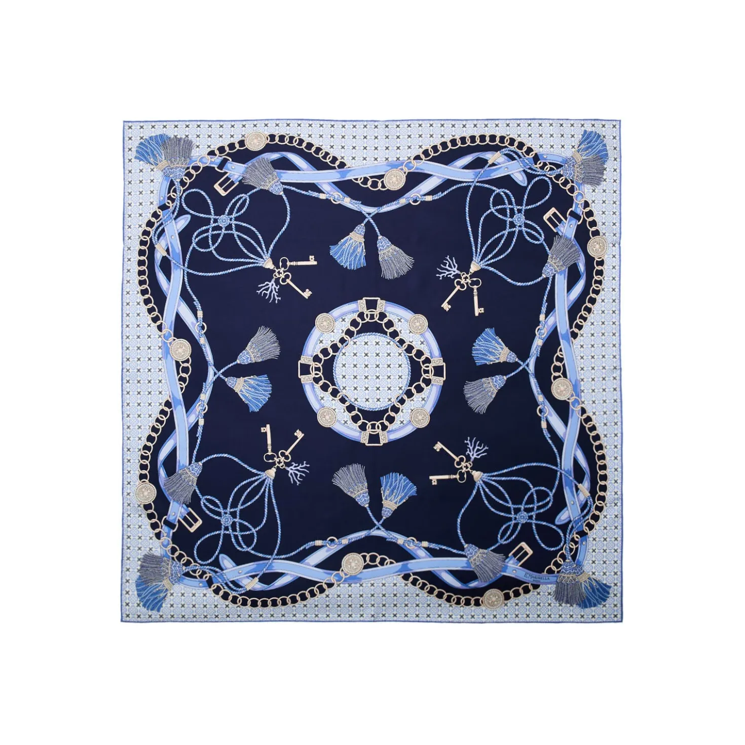 FOULARD IN SETA 90 BLU Microfantasia, nappine e chiavi