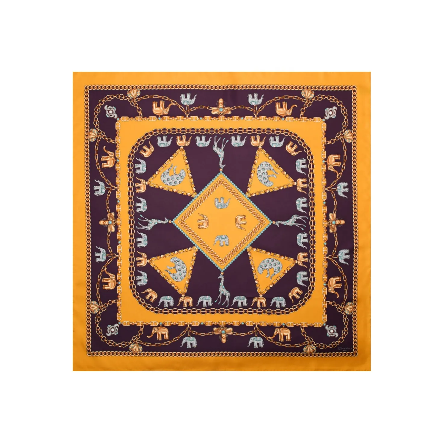 FOULARD IN SETA 90 GIALLO Elefanti portafortuna