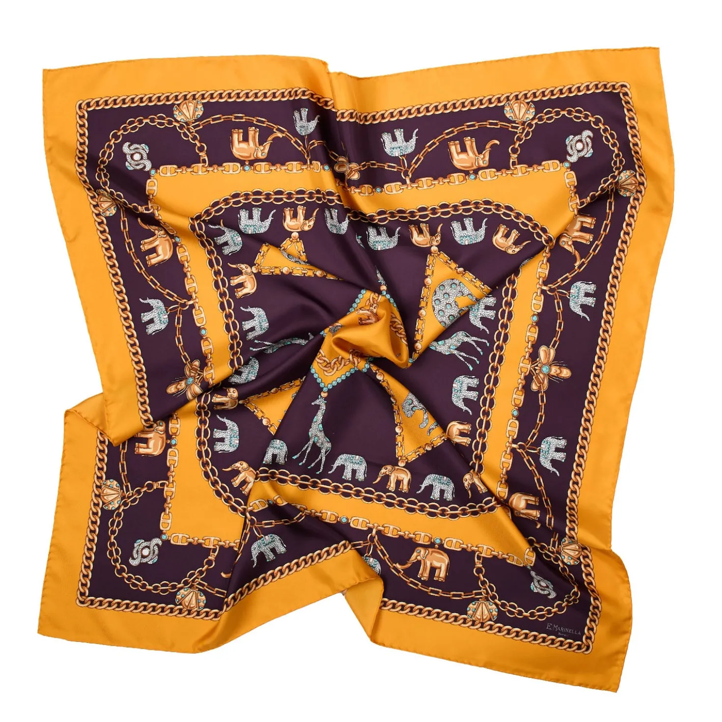 FOULARD IN SETA 90 GIALLO Elefanti portafortuna