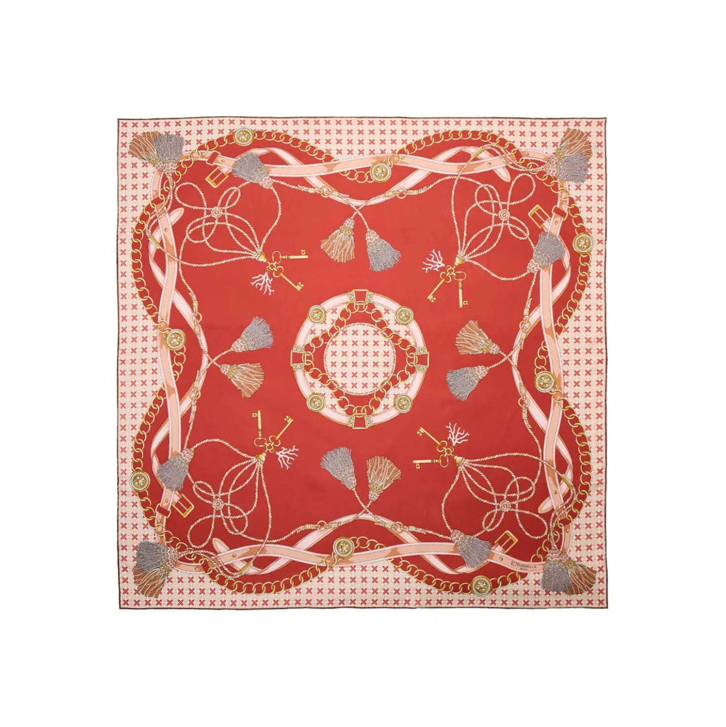FOULARD IN SETA 90 MARRONE CHIARO Microfantasia, nappine e chiavi