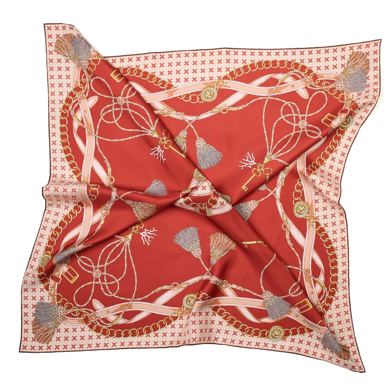 FOULARD IN SETA 90 MARRONE CHIARO Microfantasia, nappine e chiavi