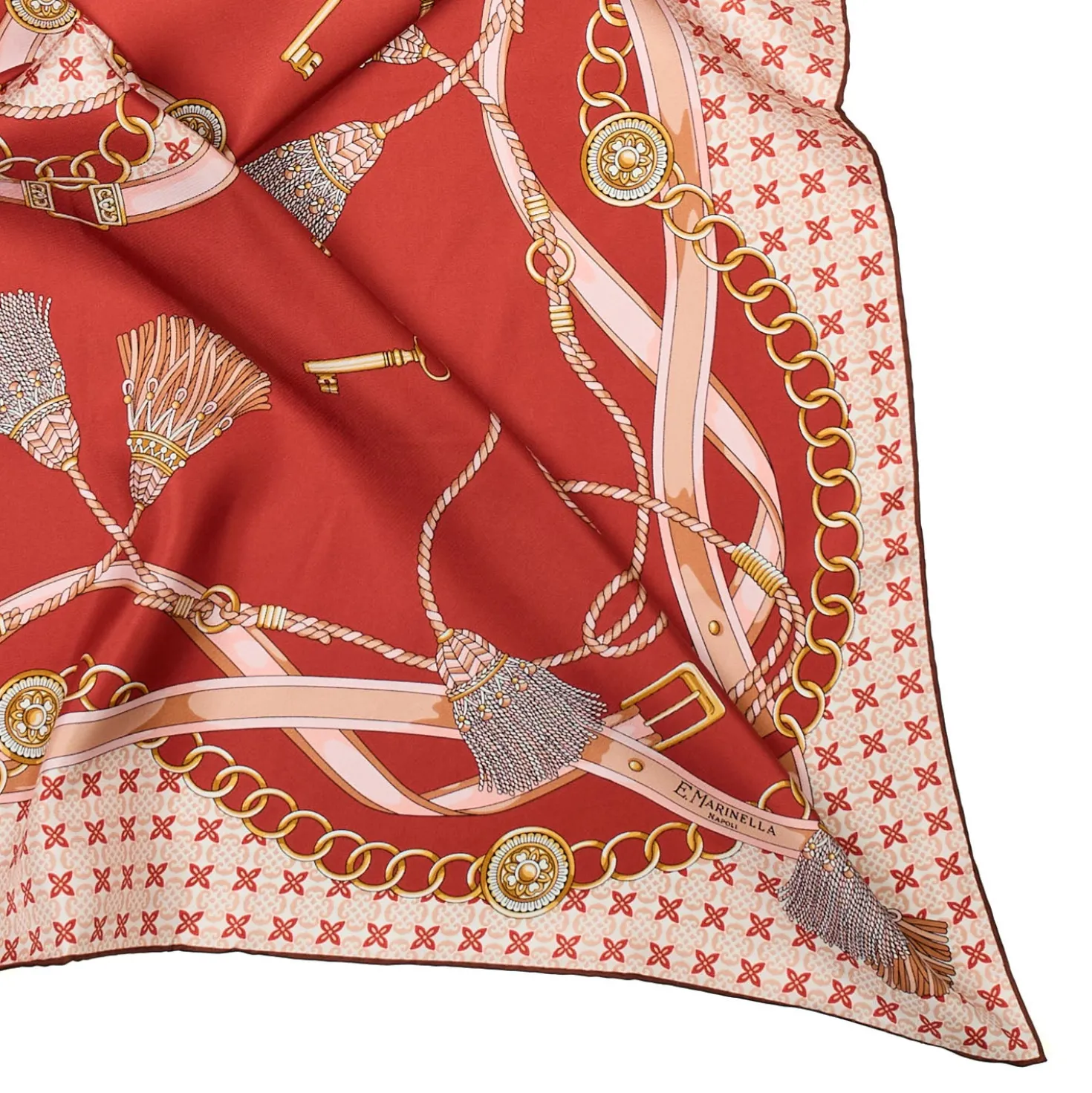 FOULARD IN SETA 90 MARRONE CHIARO Microfantasia, nappine e chiavi