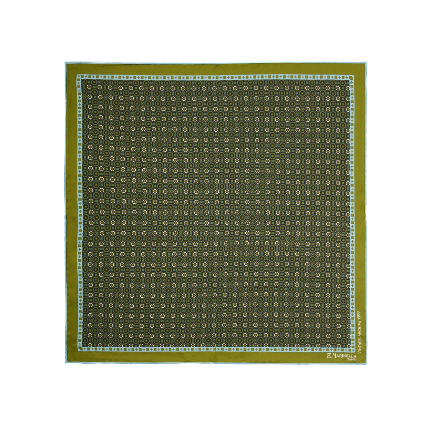 POCHETTE DA TASCHINO IN SETA STAMPATA A MANO VERDE OLIVA Fantasia archivio 1971