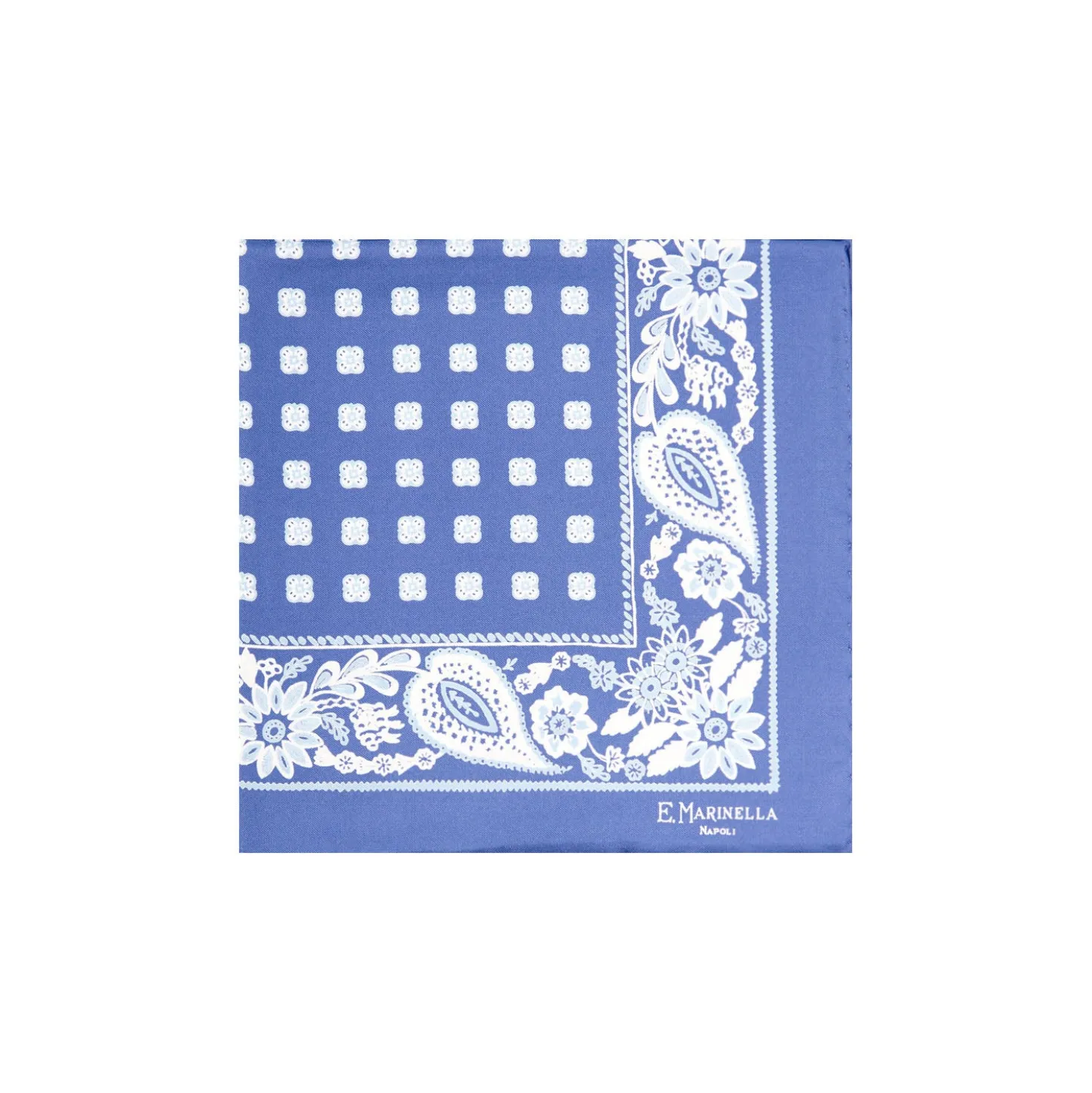 POCHETTE DA TASCHINO IN SETA STAMPATA A MANO AZZURRA Microfantasia fiore