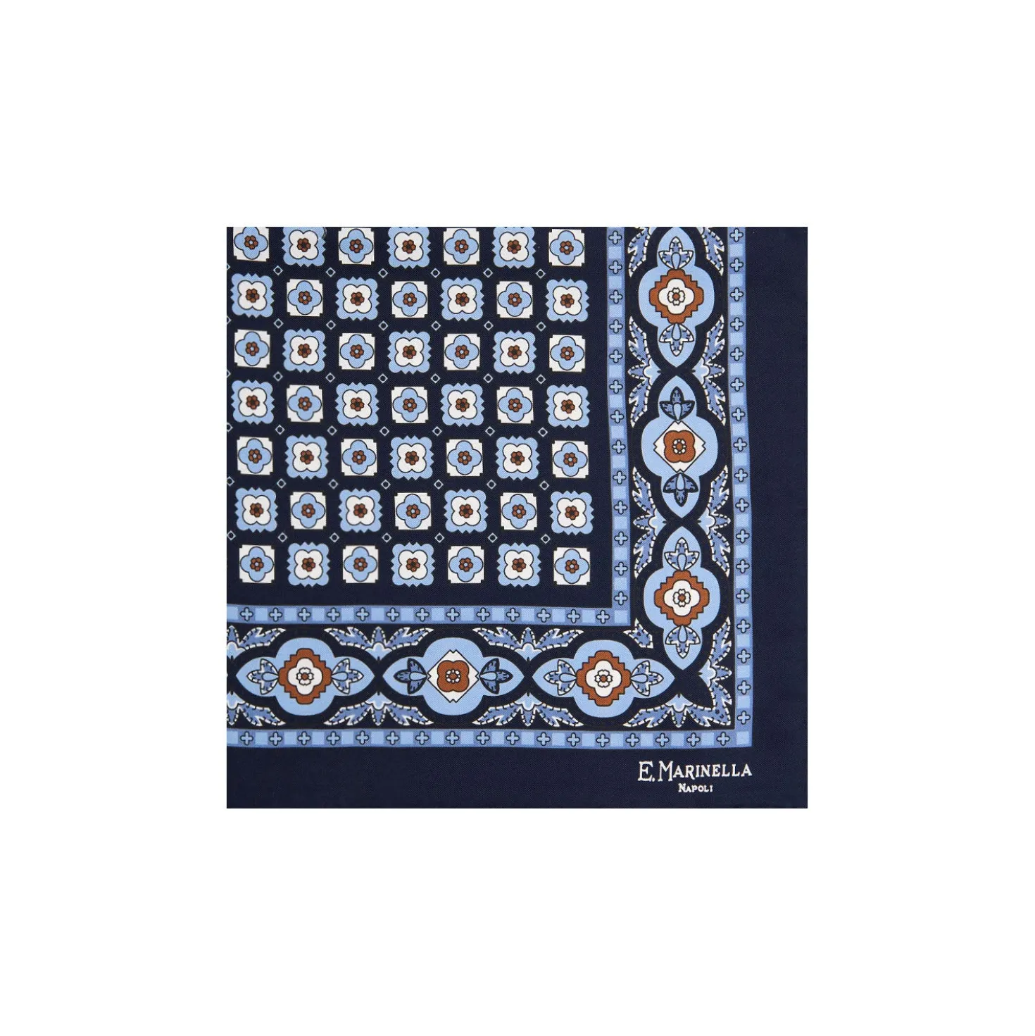 POCHETTE DA TASCHINO IN SETA STAMPATA A MANO BLU SCURO Microfantasia fiore